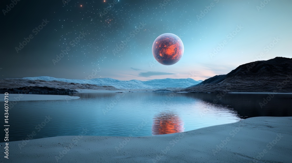 Aufkleber Large red planet is floating in the sky above a calm body of water. The scene is serene and peaceful, with the planet and water creating a sense of wonder and awe