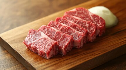 A perfectly seared wagyu steak sliced to reveal marbled juiciness on a wooden board