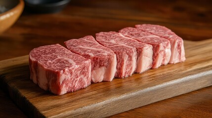 Fototapeta premium A perfectly seared wagyu steak sliced to reveal marbled juiciness on a wooden board