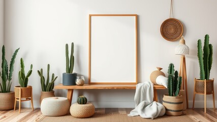 Modern Minimalist Living Room with Empty Frame and Succulents