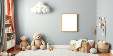 Cozy Nursery Room Decor with Blank Frame and Plush Toys