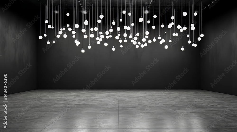 Poster large room with a ceiling full of white lights. the room is empty and the lights are hanging from th
