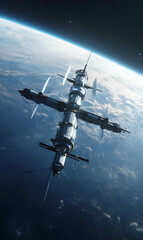 Naklejka premium A futuristic exploration hub orbiting earth showcases humanity's advanced endeavors in space exploration