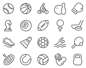 Simple Set of Sports Equipment Related Vector Line Icons. Contains such icons as Football Soccer, Bodybuilding, Jug and more.