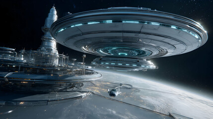 Futuristic spaceport over earth with station for orbital transit and advanced technological architecture