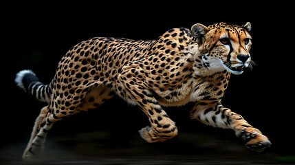 Fast, spotted predator in dynamic motion against a black background.