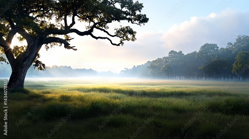 Aufkleber Large tree stands in a field of grass. The sky is cloudy and the sun is setting