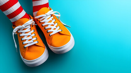 Close-up of Feet in Orange Sneakers and Red and White Striped Socks Against a Blue Background