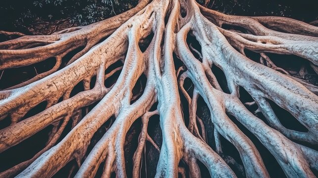 Large tree with a thick trunk and many branches. The trunk is covered in white and brown bark, and the branches are twisted and gnarled. Scene is one of strength and resilience - Powered by Adobe