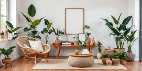 Fototapeta premium Relaxing Bohemian Living Room Decor with Woven Furniture and Lush Greenery