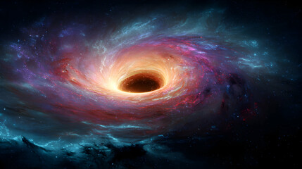 Cosmic whirlpool with incandescent center and galactic clouds of nebula and stardust, a mysterious artwork