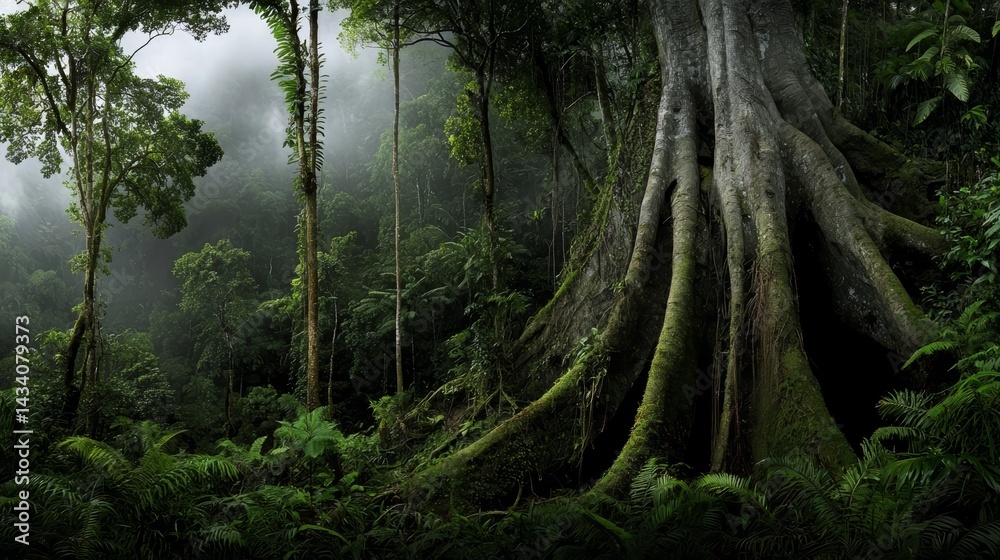 Poster large tree with moss growing on it in a forest. the forest is lush and green, with a misty atmospher