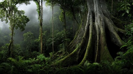 Fototapeta premium Large tree with moss growing on it in a forest. The forest is lush and green, with a misty atmosphere