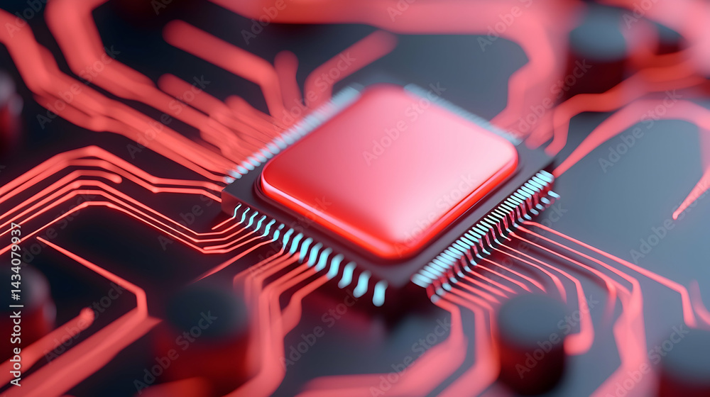 Wall mural close-up of red microchip on circuit board with glowing red lines