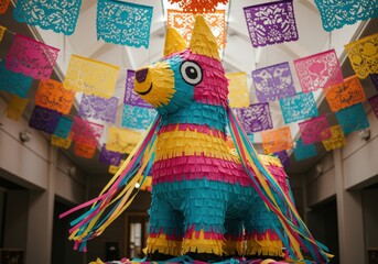 Naklejka premium A cheerful, brightly colored llama piñata stands amid festive papel picado banners, ready for a party.