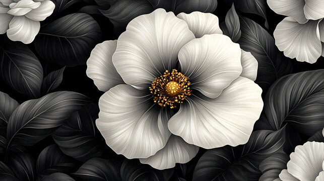 Detailed graphic illustration of a white flower, surrounded by dark leaves.