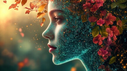 Woman with nature and technology intertwined