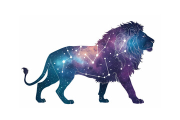 Obraz premium Majestic cosmic lion Leo constellation art vibrant galaxy colors stunning celestial design powerful zodiac symbol mystical creature night sky stars nebula purple and blue hues white background