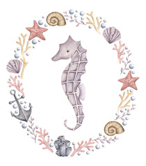 Under the sea. Watercolor hand-drawn illustration with seahorse in a oval frame of corals, shells, starfish, anchors and bubbles. Animals and plants of the underwater world. Sea-themed celebration. 