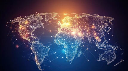 Global network connection, world map with glowing nodes.