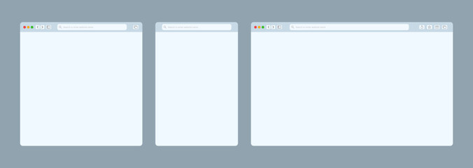 Transparent browser window on blue and violet background. Window internet browser with toolbar and search bar. Blank screen website mockup. Template design for ui, ux, app. Vector illustration