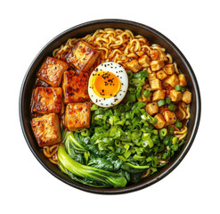 Savory ramen bowl with tofu and egg kitchen food bright isolated on transparent background