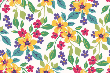 Seamless floral pattern, liberty ditsy print with colorful summer garden. Cute botanical design of small hand drawn flowers, large green leaves, blooming bouquets. Vector illustration. © Yulya i Kot