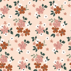 Seamless floral pattern, liberty ditsy print in neutral colors. Pretty botanical design of small hand drawn flowers, tiny leaves, simple bouquets abstract on a beige background. Vector illustration.