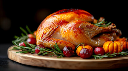 Roasted Turkey with Cranberries and Pumpkins on Wooden Board