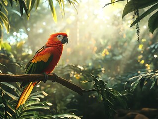 Colorful parrot perched in a lush, sunlit jungle environment.