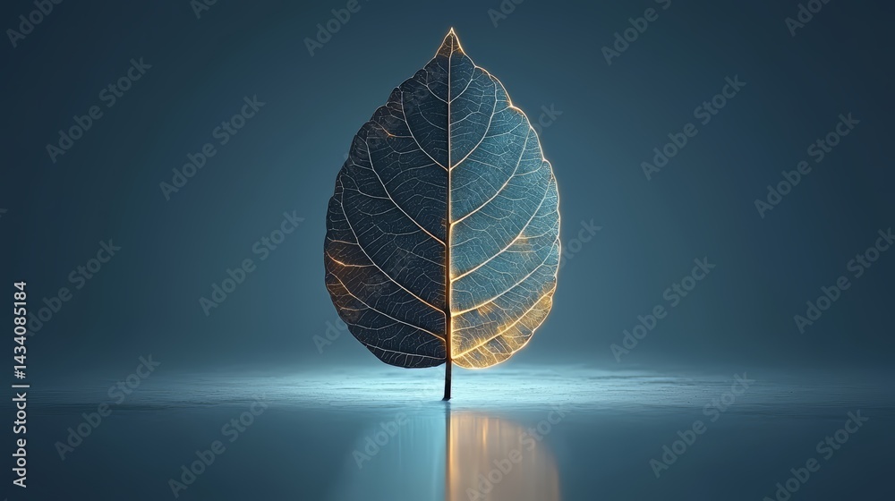 Aufkleber Leaf is shown in a blue background with a reflection of itself in the water. The leaf is illuminated with a golden glow, creating a serene and peaceful atmosphere
