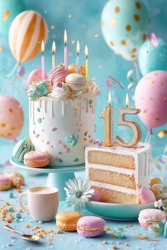 Elegant Vanilla Layer Cake with Berries and Macarons on Blue Background, Dessert Photography, Food Styling