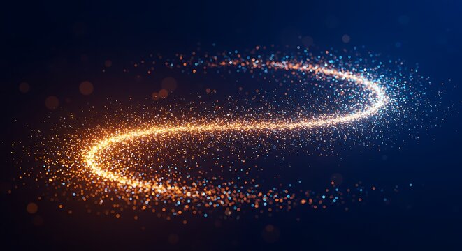 A glittering trail of light curves across a dark blue background with bokeh effects present too