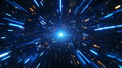 Naklejka premium Hyperspace warp, radiating blue and gold light trails. Dynamic, fast motion