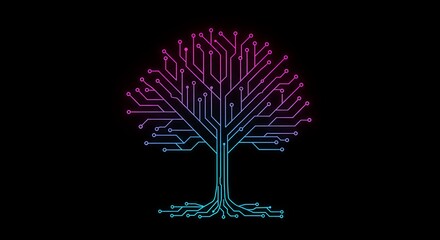 A digital tree with blue and pink circuit board design on a stark black background illustration