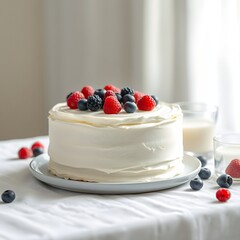 white cheese cake with raspberries and blueberries