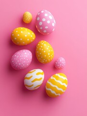Fototapeta premium Easter eggs on pink background with polka dots and stripes for festive spring holiday celebration decorative flat lay design and vibrant color palette