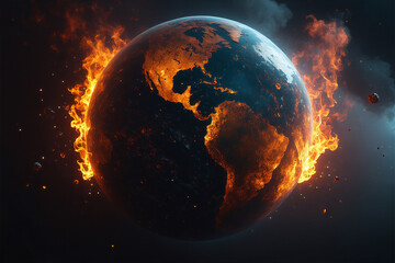 Apocalyptic Earth on Fire, Fiery Planet with Burning Continents, Dramatic Destruction Scene, Dystopian World, Armageddon Concept, Global Catastrophe, Doomsday Art, Burning Americas, Flaming Earth, End