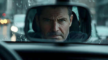 Man Driving In Rain Reflection Portrait