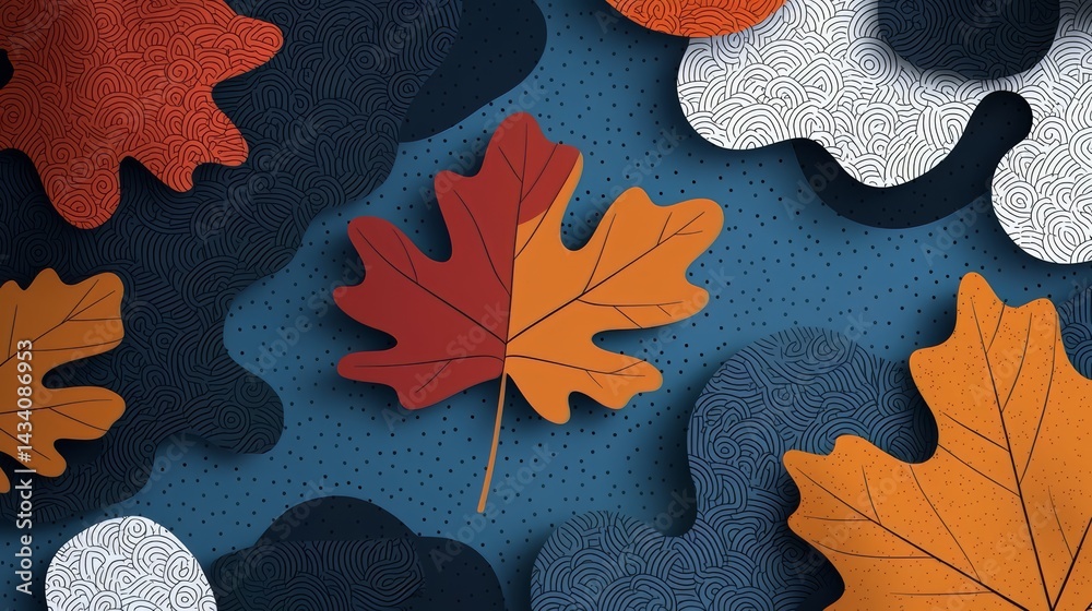 Poster Leafy background with a red leaf in the center. The leaf is surrounded by other leaves of different colors. The background is blue and the leaves are in various shades of orange and red