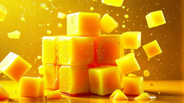 Pineapple, tropical fruit, juicy chunks. Refreshing snacks. Pineapple pieces fall on surface. Juice splashes create fresh vibe. Vibrant background enhances flavor perception.