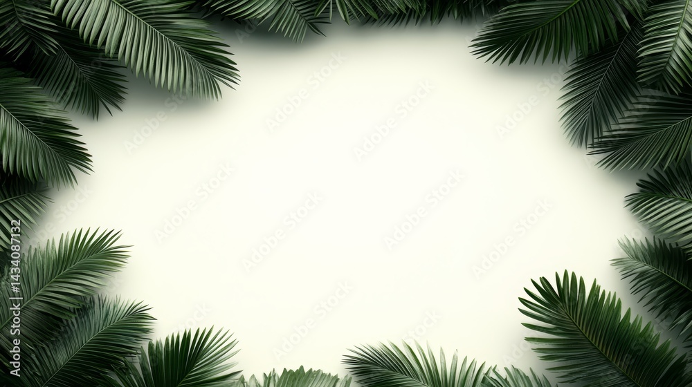 Poster leafy green background with a white border. the background is a lush green forest with palm trees