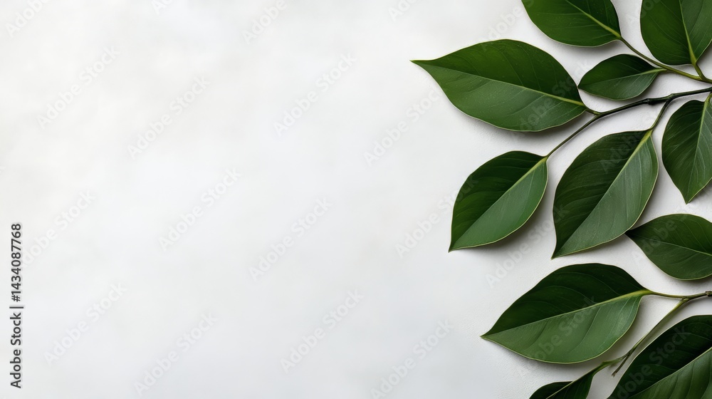 Poster leafy green branch is shown on a white background. concept of calm and tranquility, as the leafy gre