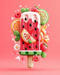 Refreshing Strawberry Watermelon Popsicle Still Life: Summer Treat, Frozen Dessert, Vibrant Food Photography, Close-Up Food Styling.