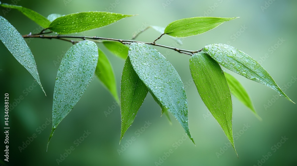Aufkleber leafy green branch with raindrops on it. the raindrops are small and scattered, giving the impressio
