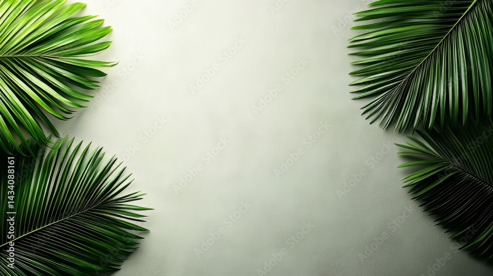 Poster leafy green background with a leafy green palm tree on the left side. the palm tree is surrounded by