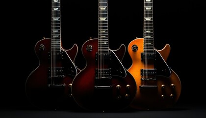 Three electric guitars in a dark studio setting