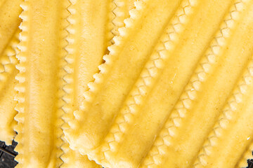 Pasta parpadelle stuffing mushrooms dish vegetable fresh gourmet food background on table rustic...