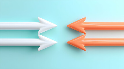 Fototapeta premium Contrasting White and Orange Arrows on a Light Blue Background