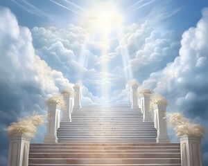 Fototapeta premium Ascent to the Divine: A radiant staircase ascends towards a celestial light, symbolizing spiritual enlightenment and the path to transcendence.A 3D stairway to heaven ascends through clouds toward the